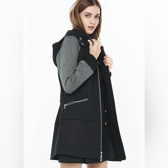 Express Jackets & Blazers - Express Black & Herringbone Varsity Hooded Lined Jacket Coat Zipper Womens XS